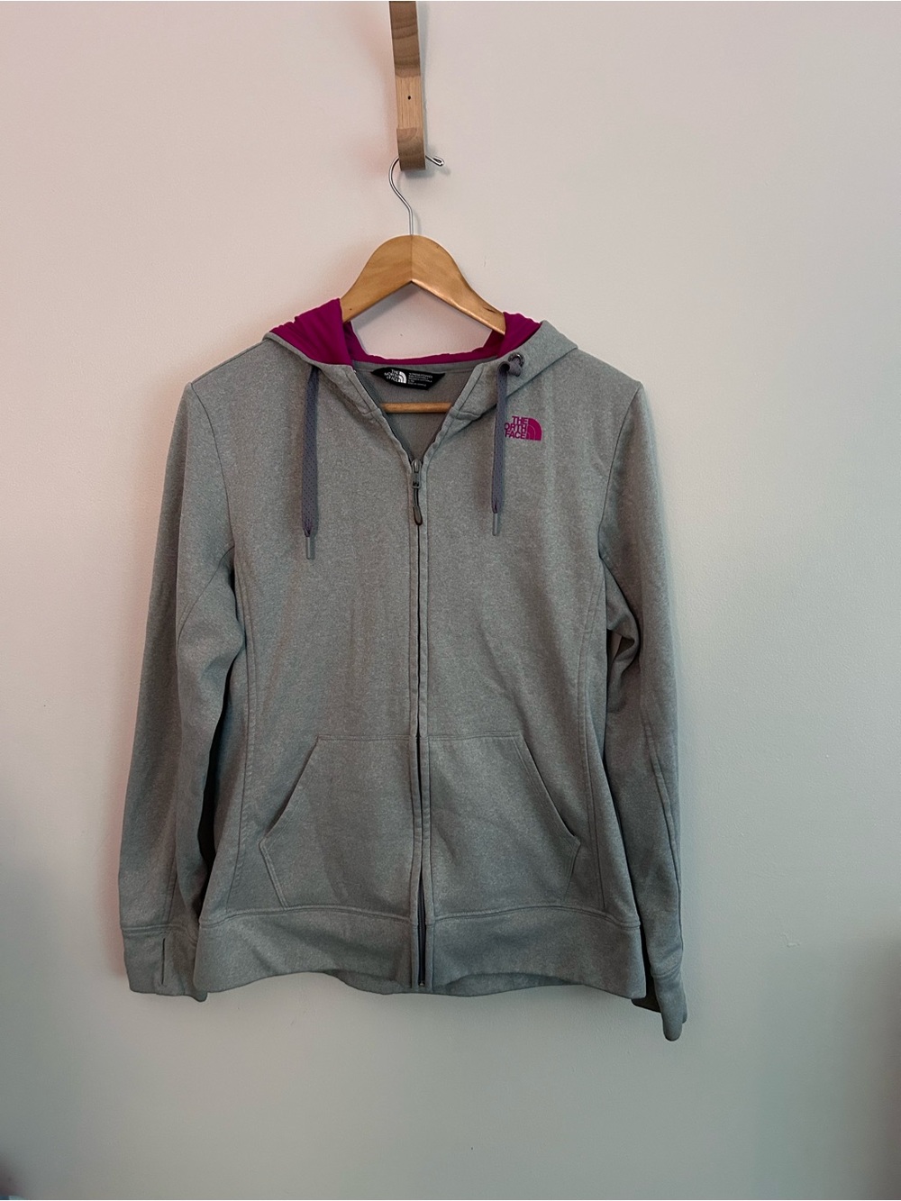The North Face Gray Zip-Up Hoodie with Pink Hood Lining